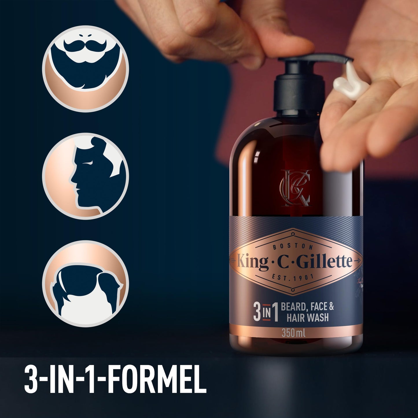 King C. Gillette 3-in-1 Waschgel Männer Bart Gesicht Haare Reinigung Frische Duft 350ml