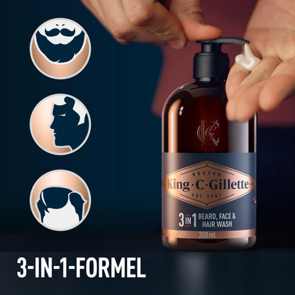 King C. Gillette 3-in-1 Waschgel Männer Bart Gesicht Haare Reinigung Frische Duft 350ml