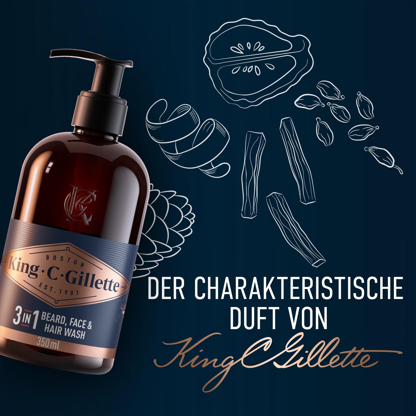 King C. Gillette 3-in-1 Waschgel Männer Bart Gesicht Haare Reinigung Frische Duft 350ml